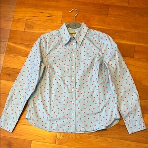 Boden  Button Down Shirt Heron Blue with red polka dot. Size 8. NWT